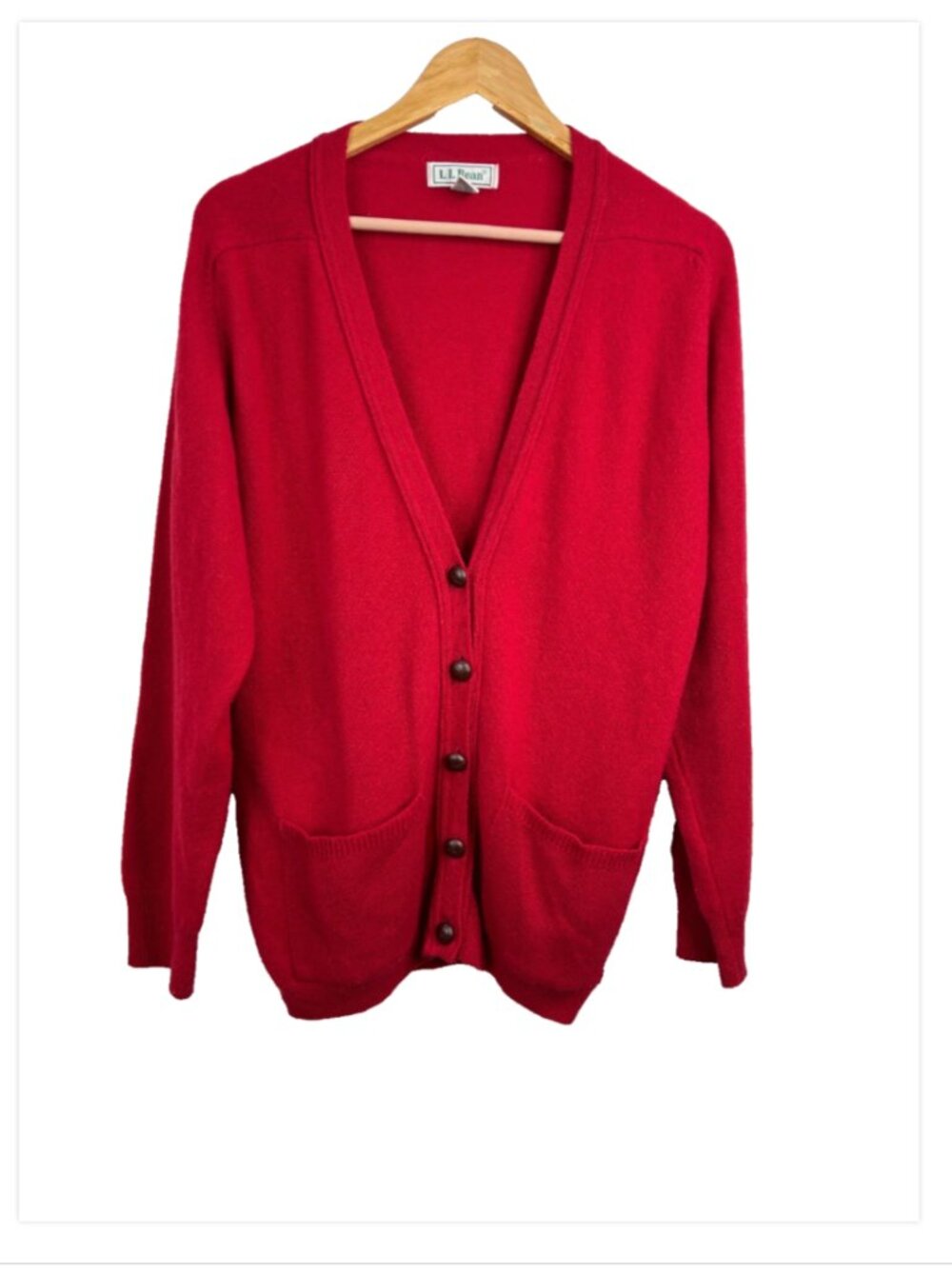 VTG LL Bean Red Wool Cardigan Womens M Lambswool Made in Ireland Minimalist READ